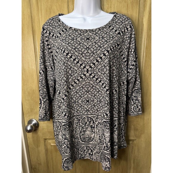 Lucky Brand Top Women 1X Black White Paisley Round Neck Hippie Boho - Picture 1 of 6